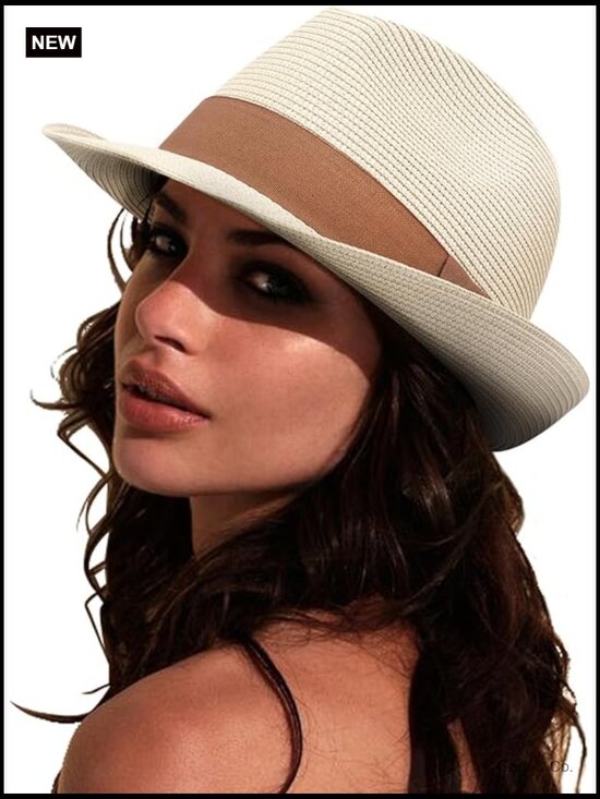 Women UPF 50 Straw Panama Fedora Sun Hat Short Brim Travel Roll Up main image 7